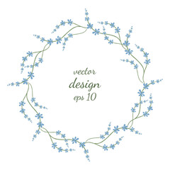Vector floral wreath. Delicate simple frame with light blue branches of wildflowers in a watercolor style. Illustration on a white background. Beautiful design for wedding decor, invitation card