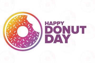 Happy Donut Day. Holiday concept. Template for background, banner, card, poster with text inscription. Vector EPS10 illustration.