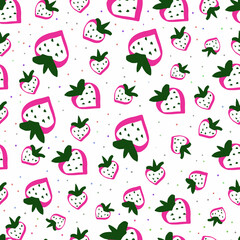 Hand drawn cute seamless pattern fruits- strawberry and color dots on white background. Vector illustration. Hand drawn doodle fruit pattern background