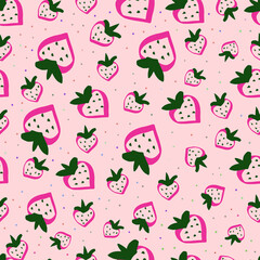 Hand drawn cute seamless pattern fruits- strawberry and color dots on white background. Vector illustration. Hand drawn doodle fruit pattern background