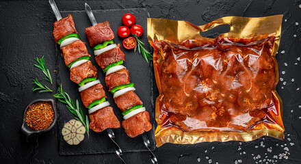 Vacuum-packed grilled meat, on a dark background.