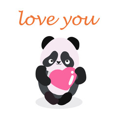 Vector illustration of a cute panda with a heart, the inscription I love you.