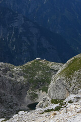 Mountain cabin on a pass in the Slovene Julian Alps
