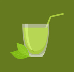 Japanese green latte matcha tea in a glass decorated with leaves with a straw, on a green background