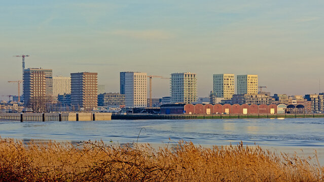 Old warehouses with industrial cranes and new residential skyscrapers along river Scheldt in Anwerp in warm evening light