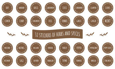 Set of herbs and spices stickers on black background. Labels for packaging, food containers, SPA, cosmetics, healthcare, etc.