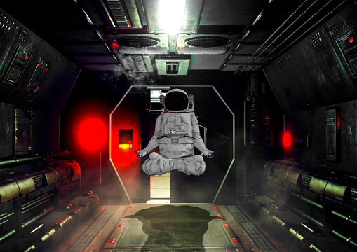 astronaut is doing some meditative yoga and floating on the corridor in sci-fi spaceship background