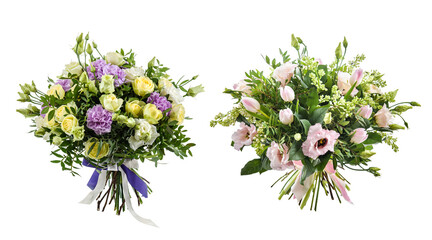 Wedding bouquet set on isolated white background. Flower bouquets with roses, tulips, peonies, leaves. Bridal bunch of flowers © Georgiy