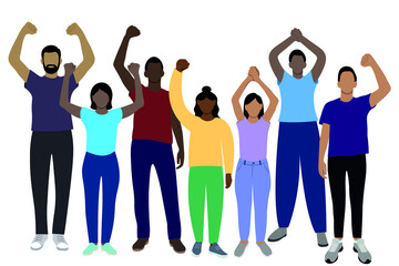 Obraz premium Set of dark-skinned girls and guys drawn in full length with arms raised above their heads, flat vector on white background, faceless illustration, young people protest
