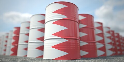 Flag of Bahrain on the barrels or steel drums. Chemical or oil industry related 3D rendering