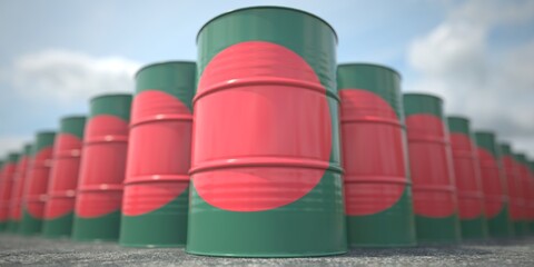 Barrels or oil drums with flag of Bangladesh. Petroleum or chemical industry related 3D rendering