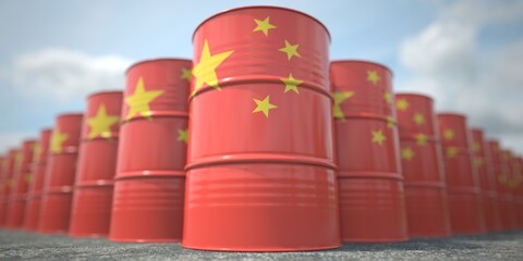 Barrels or oil drums with flag of China. Petroleum or chemical industry related 3D rendering