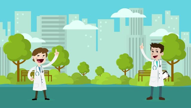 illustration of doctor pointing up in the outdoor background in flat style motion graphics video