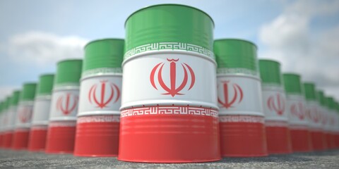 Flag of Iran on the barrels or steel drums. Chemical or oil industry related 3D rendering