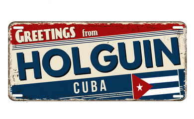 Greetings from Holguin vintage rusty metal plate