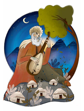 old man playing lute night scene clip art preview