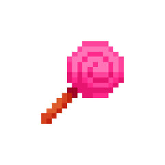 Lollipop pixel art candy icon isolated isometric vector illustration 16-bit sprite video game assets. Design for stickers, logo, embroidery, mobile app.