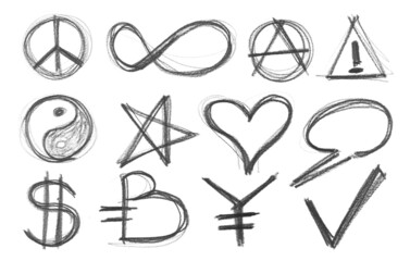 Set symbols, sign grunge graphite pencil isolated on white 