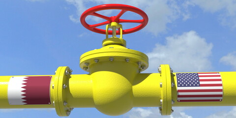 Fototapeta premium QATAR USA oil or gas transportation concept, pipe with valve. 3D rendering