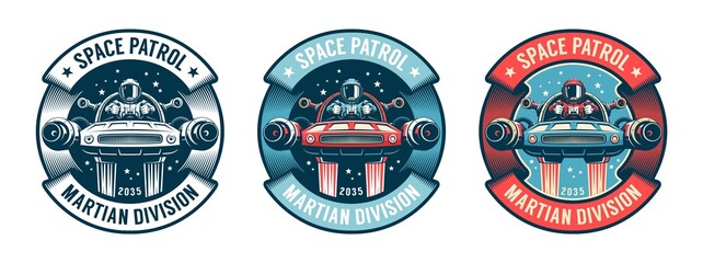 Space retro - badge Astronaut on shuttle. Spaceship pilot - vintage logo. Vector illustration.