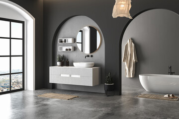 Interior of modern bathroom with concrete and black walls, concrete floor and comfortable white sink with  round mirror, bathtub, plant, pendant light. Window with city view. 3d rendering
 - obrazy, fototapety, plakaty