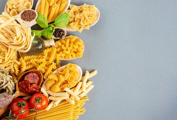 composition of raw Italian Spaghetti pasta Different shapes	
