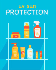Sunscreen products with SPF in the shop vector illustration.