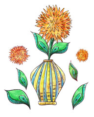 Watercolor illustration with a bouquet of flowers in vase. Colorful picture for design. Hand drawing.