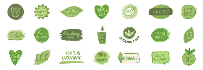 Organic certified icon set. Vegan healthy food logo. Farm fresh label. Nature vegetarian badge. Eco fiendly, bio product. Circle tag. Green leaf emblem. Quality symbol.Gluten free.Vector illustration