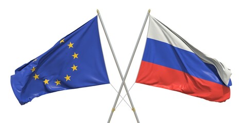 Flags of Russia and the European Union EU on white background. 3D rendering