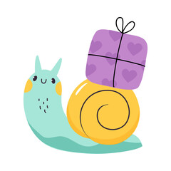 Cute Snail Character with Shell Carrying Gift Box on Its Back Vector Illustration