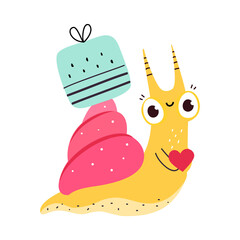 Cute Snail Character with Shell Carrying Gift Box on Its Back Vector Illustration