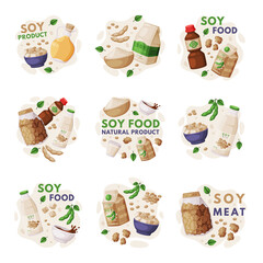 Composition with Soy Products from Soybean Plant with Soy Meat, Oil and Milk Vector Set