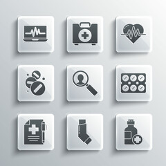 Set Inhaler, Bottle of medicine syrup, Pills blister pack, Medical analysis, prescription and pen, Medicine pill or tablet, Laptop with cardiogram and Heart rate icon. Vector