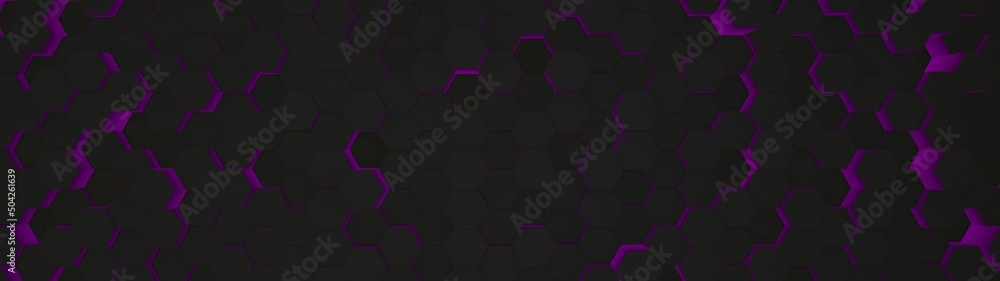 Poster digital geometric black mesh with purple energy glow in wide angle. futuristic technology polygon pa