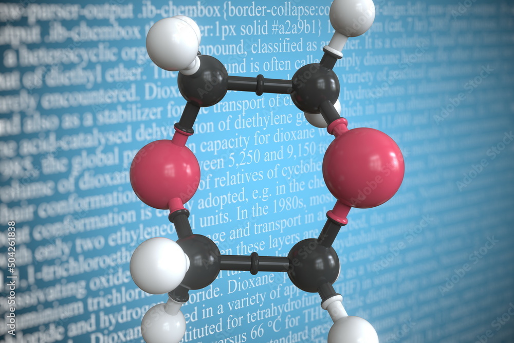 Poster molecular model of dioxane, 3d rendering