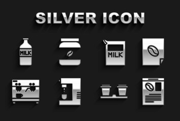 Set Coffee machine, poster, Newspaper and coffee, cup to go, Paper package for milk, Bottle with and jar bottle icon. Vector