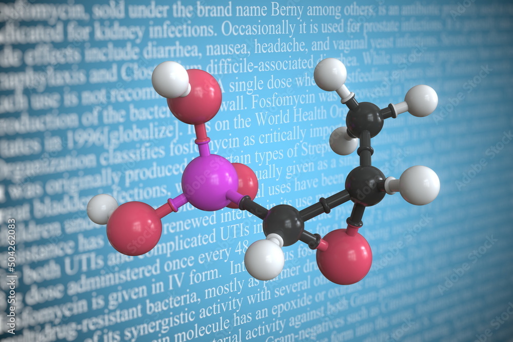 Poster molecular model of fosfomycin, 3d rendering