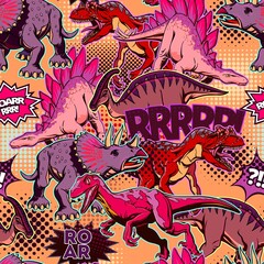 Multicolored pattern of dinosaurs in the style of pop art for printing and design. Vector illustration. © Server