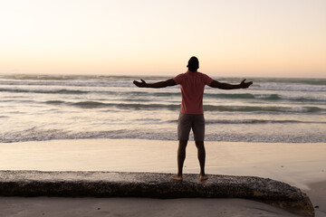 Rear view of african american young man with arms outstretched standing at beach against clear sky - Powered by Adobe