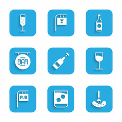 Set Opened bottle of wine, Glass whiskey, Pickled cucumber on fork, Wine glass, Street signboard with Pub, Bar, Beer and champagne icon. Vector