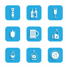 Set Wooden beer mug, Bottle of cognac or brandy, Alcohol 21 plus, Vodka with pepper glass, Cocktail, Hop, Glass champagne and opener icon. Vector