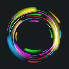 Neon multicolored circle frame with golden, green, purple, yellow and blue glow on black background. Vector glitter design element for holiday cards, advertising concept, web