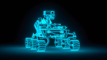 a mars rover in neon blue (3d rendering) - obrazy, fototapety, plakaty