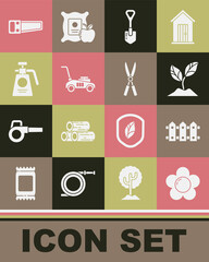 Set Flower, Garden fence wooden, Plant, Shovel, Lawn mower, sprayer for fertilizer, Hand saw and Gardening handmade scissors icon. Vector