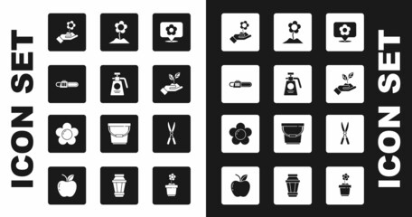 Set Location with flower, Garden sprayer for fertilizer, Chainsaw, Hand holding, Plant hand of environmental, Flower, Gardening handmade scissors and icon. Vector