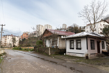 Fototapeta na wymiar Surmene empty street view, small living houses