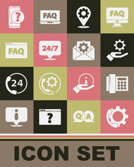Set Telephone 24 hours support, Settings in the hand, Location with gear, Clock, Browser FAQ, Mobile question and Envelope setting icon. Vector