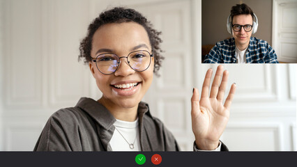 Communication video call online screen woman with glasses chat colleagues discussion