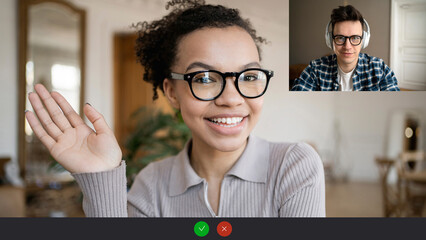 Video call chat online screen woman with glasses chat colleagues discussion